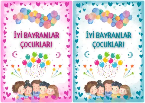 Balonlu ve çocuklu “İyi Bayramlar Çocuklar!” dikdörtgen bayram kartı, pembe ve turkuaz
